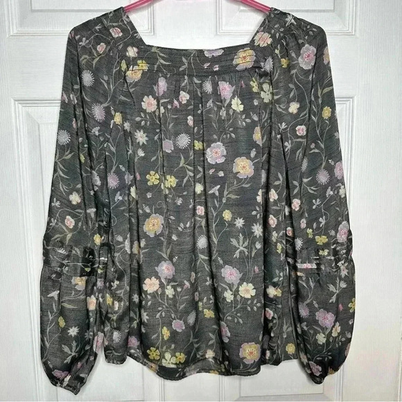 LC Lauren Conrad Blouse Greyish Black Floral Square Neck Flowy Size Small - Picture 13 of 16